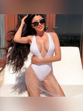 White sheer Rhinestone Fishnet swim Cover Up  vacation Beach Club Resortwear XS
